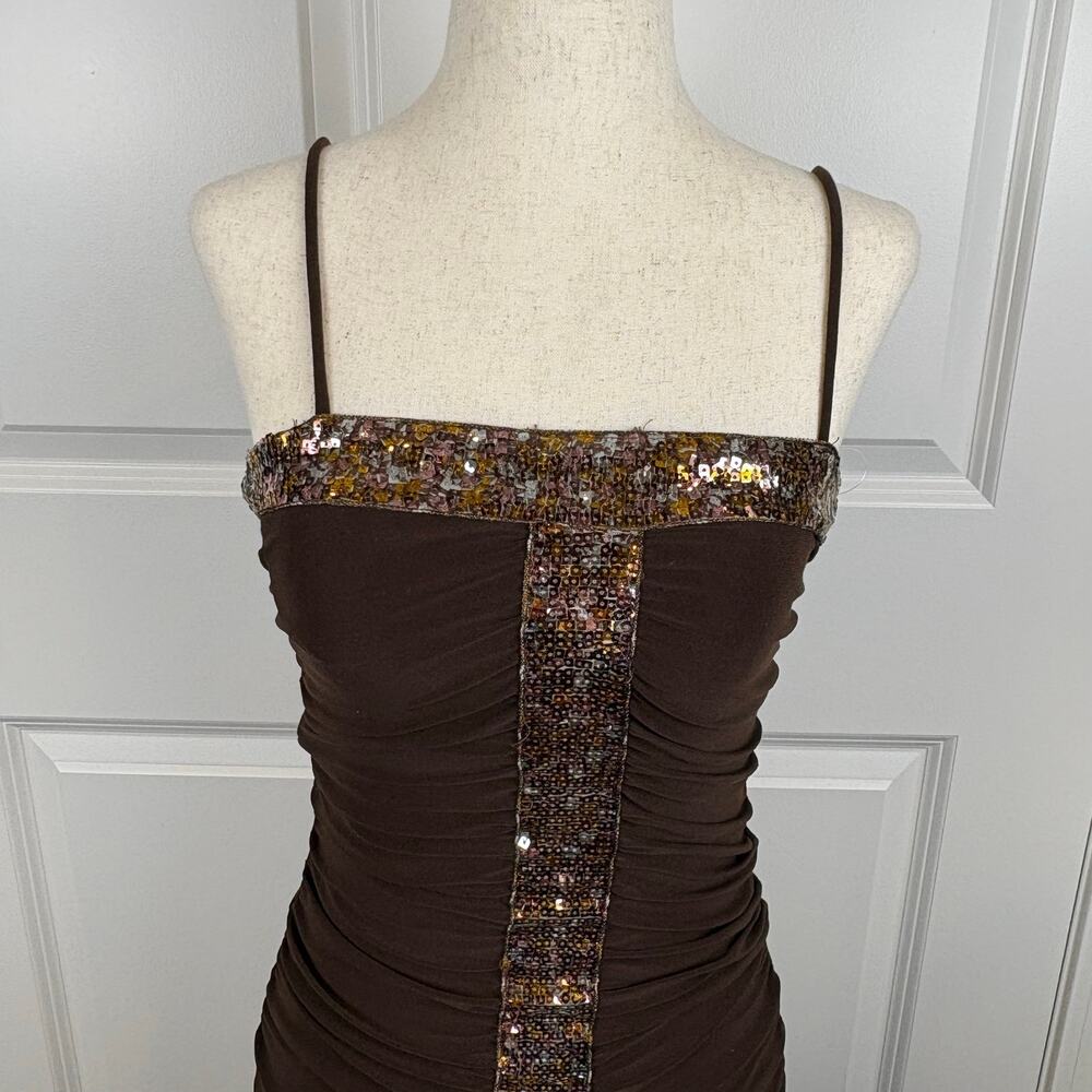 Vintage Y2K Wink Brown Sequin Dress Asymmetrical Spaghetti Strap Whimsigoth M - Picture 3 of 8